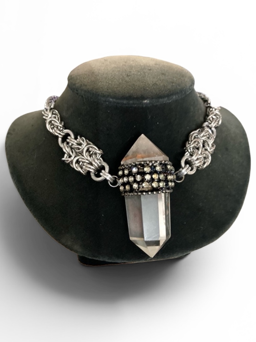 Genuine big Double point clear crystal quartz maille silver boho necklace .